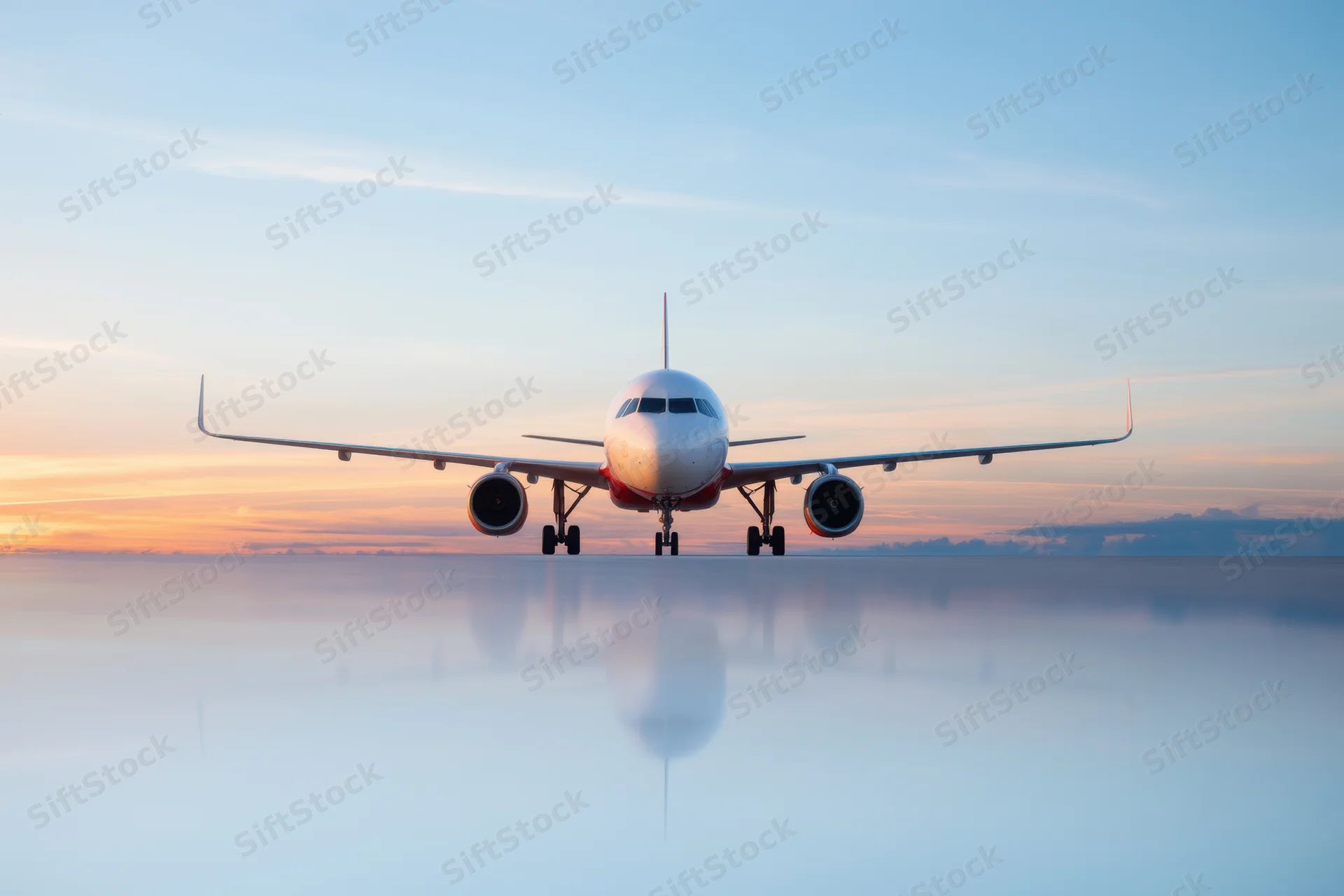 Commercial airplane on smooth reflective surface at sunset