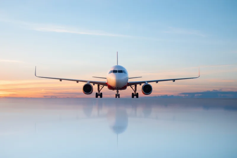 Commercial airplane on smooth reflective surface at sunset