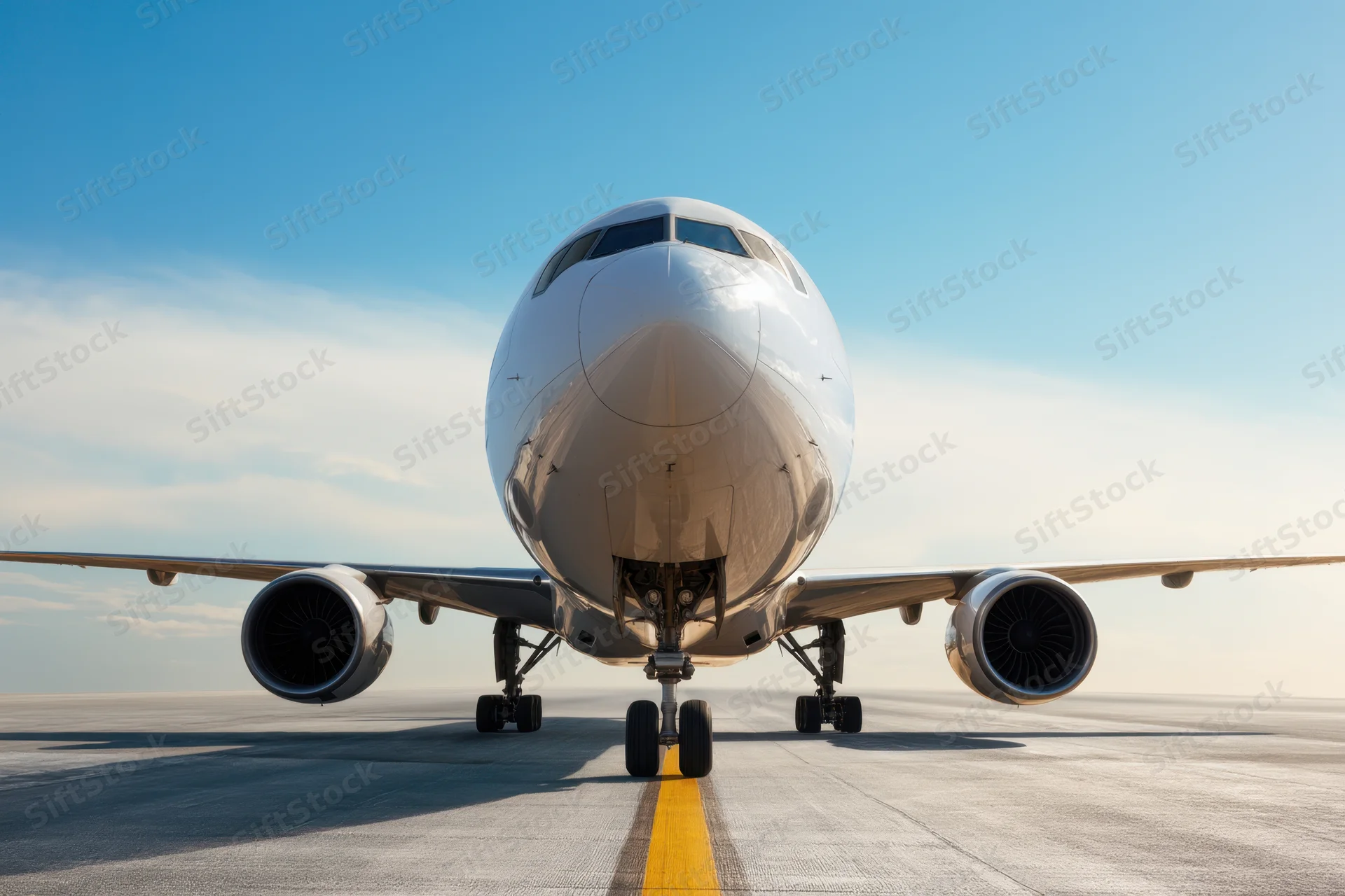 Front view of a commercial airplane on the runway with landing gear deployed and engines visible