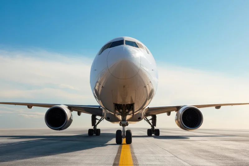 Front view of a commercial airplane on the runway with landing gear deployed and engines visible