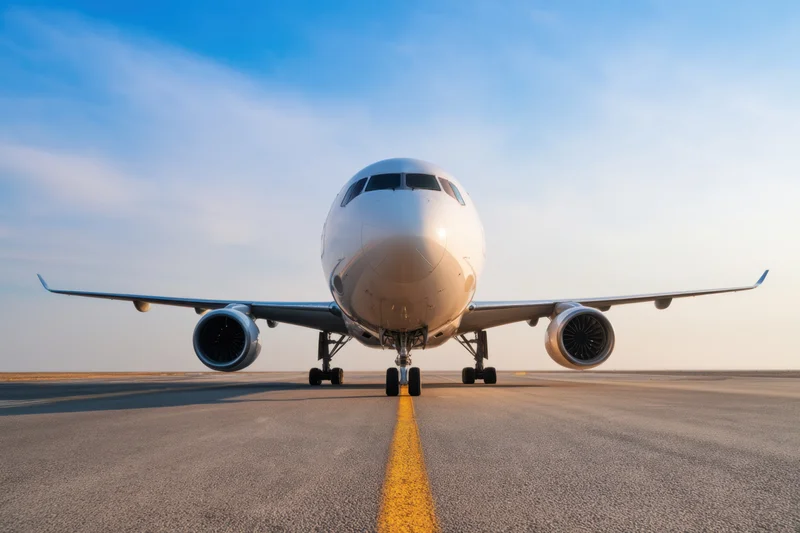 Commercial airplane facing forward on runway with yellow centerline under clear sky
