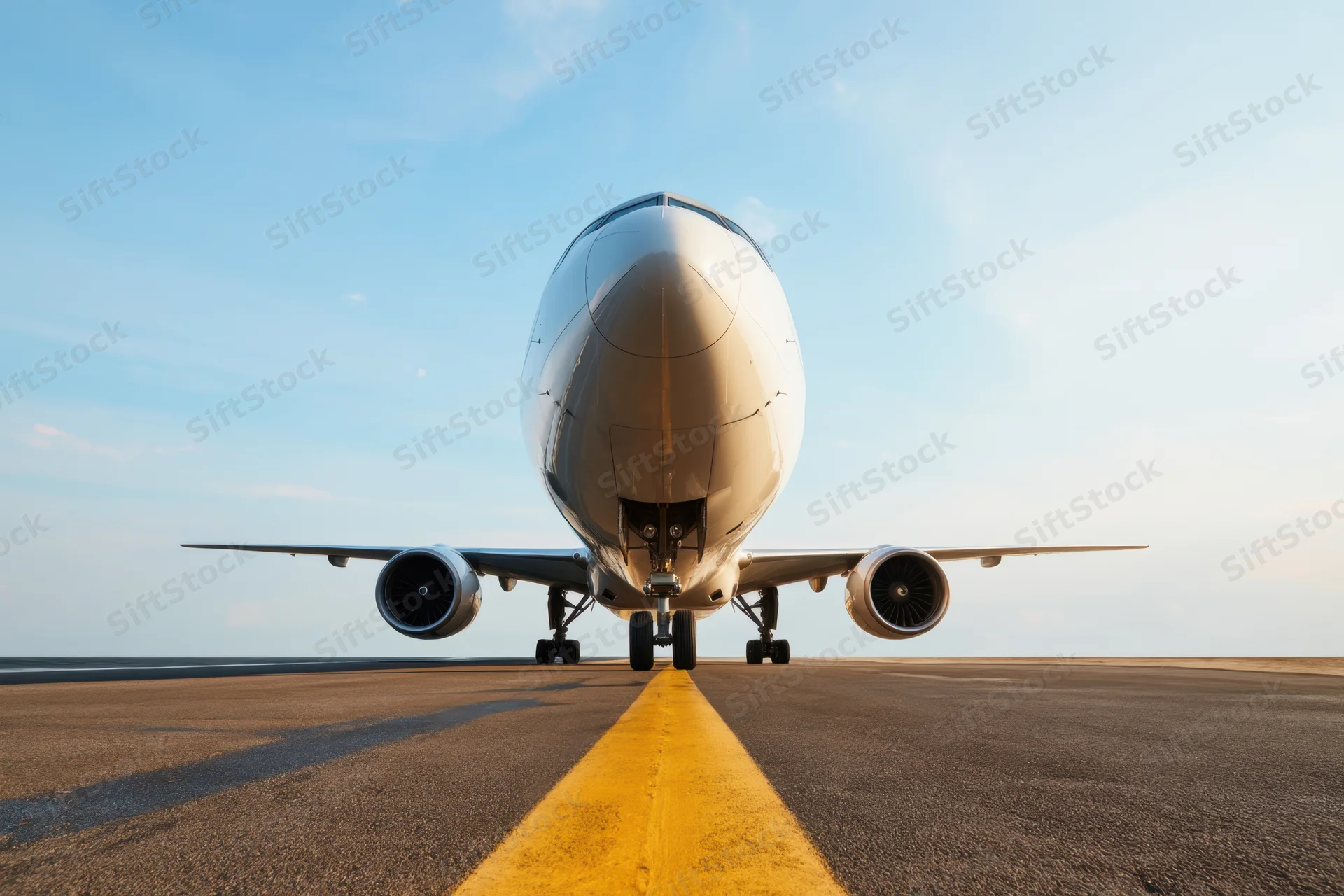 Commercial airplane facing forward on runway with yellow centerline under clear sky