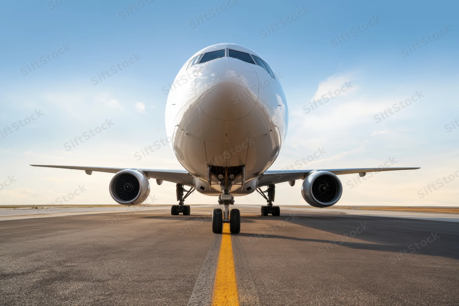 Front view of a commercial airplane on runway with yellow centerline