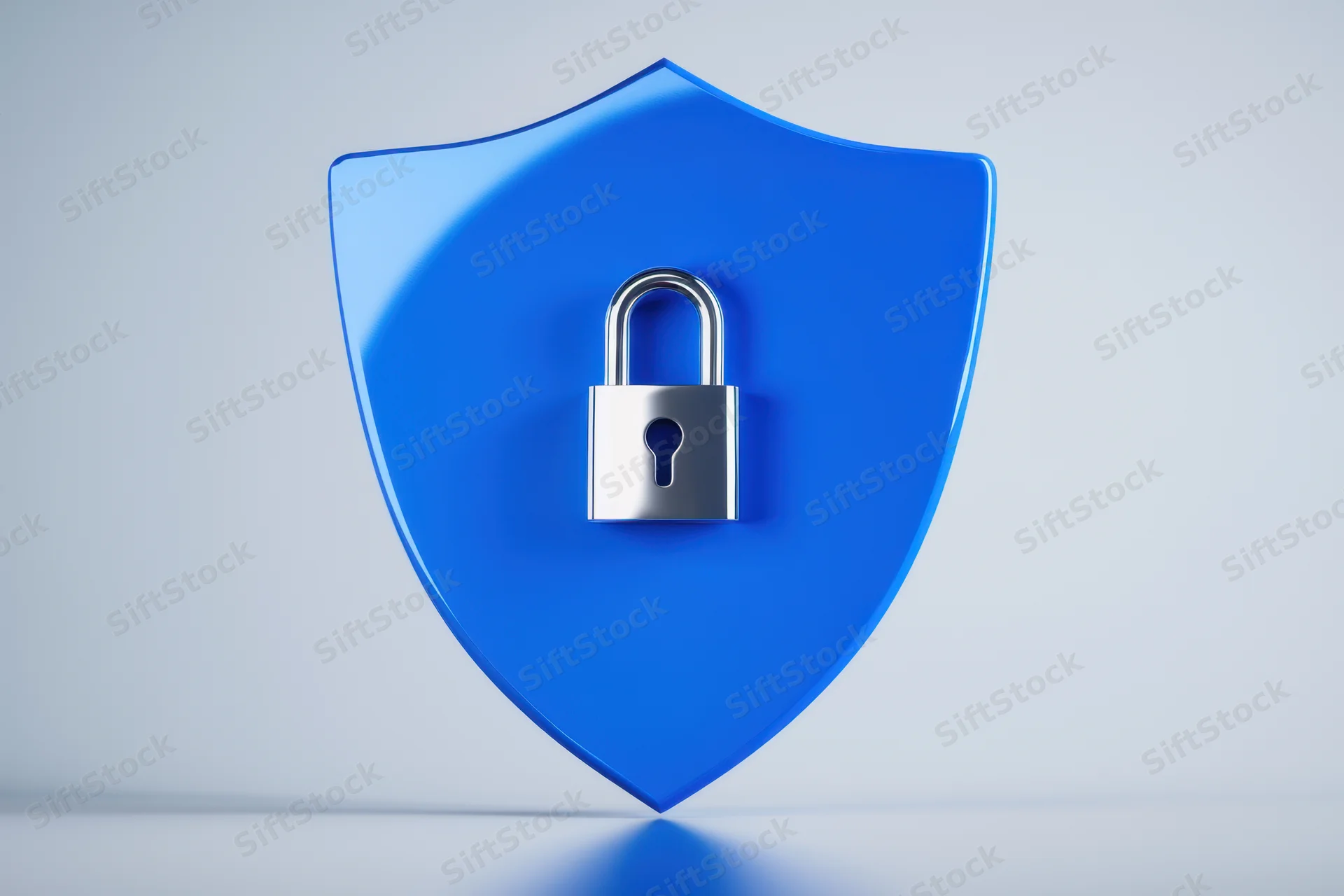 Blue shield with silver padlock centered on a plain background