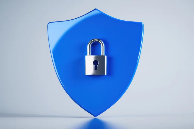 Blue shield with silver padlock centered on a plain background