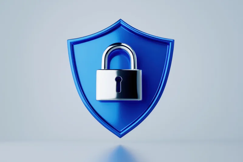Blue shield with silver padlock centered on a light gray background