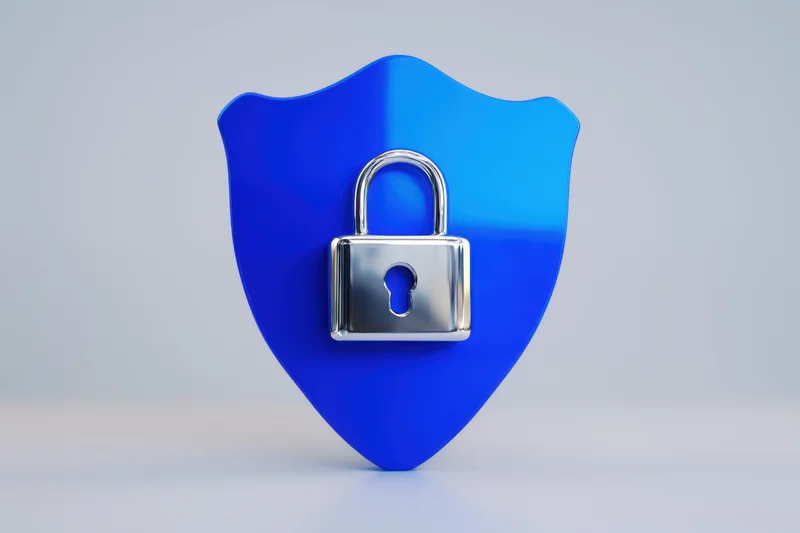 Blue shield with silver padlock centered on plain background