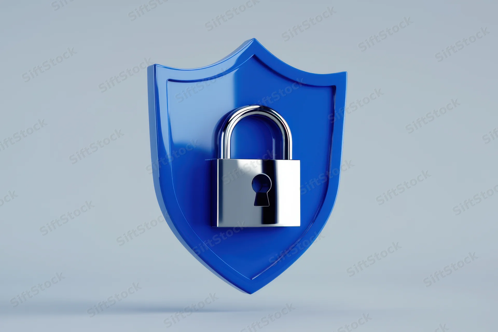 Blue shield with silver padlock centered on plain background