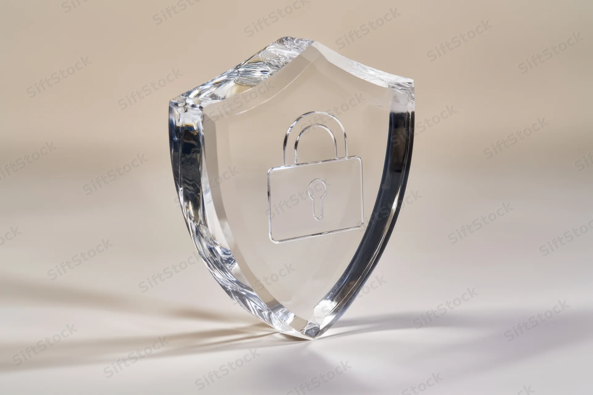 Crystal shield with engraved lock icon standing on a plain surface