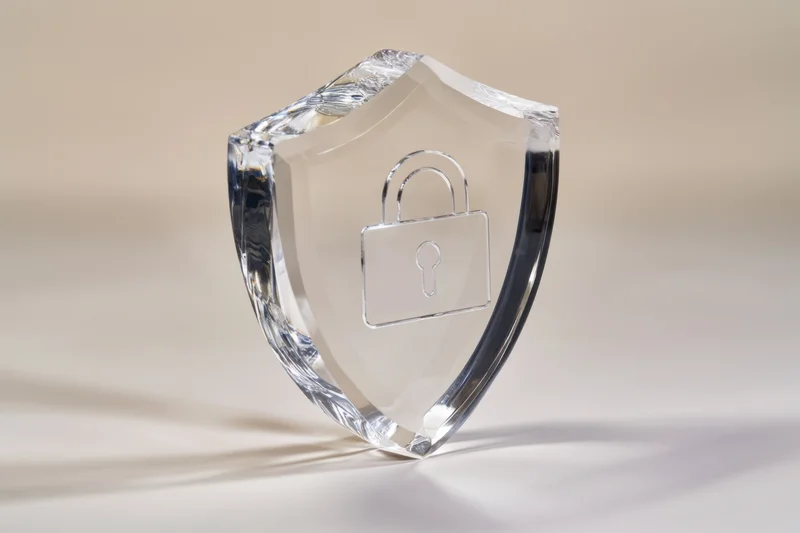 Crystal shield with engraved lock icon standing on a plain surface