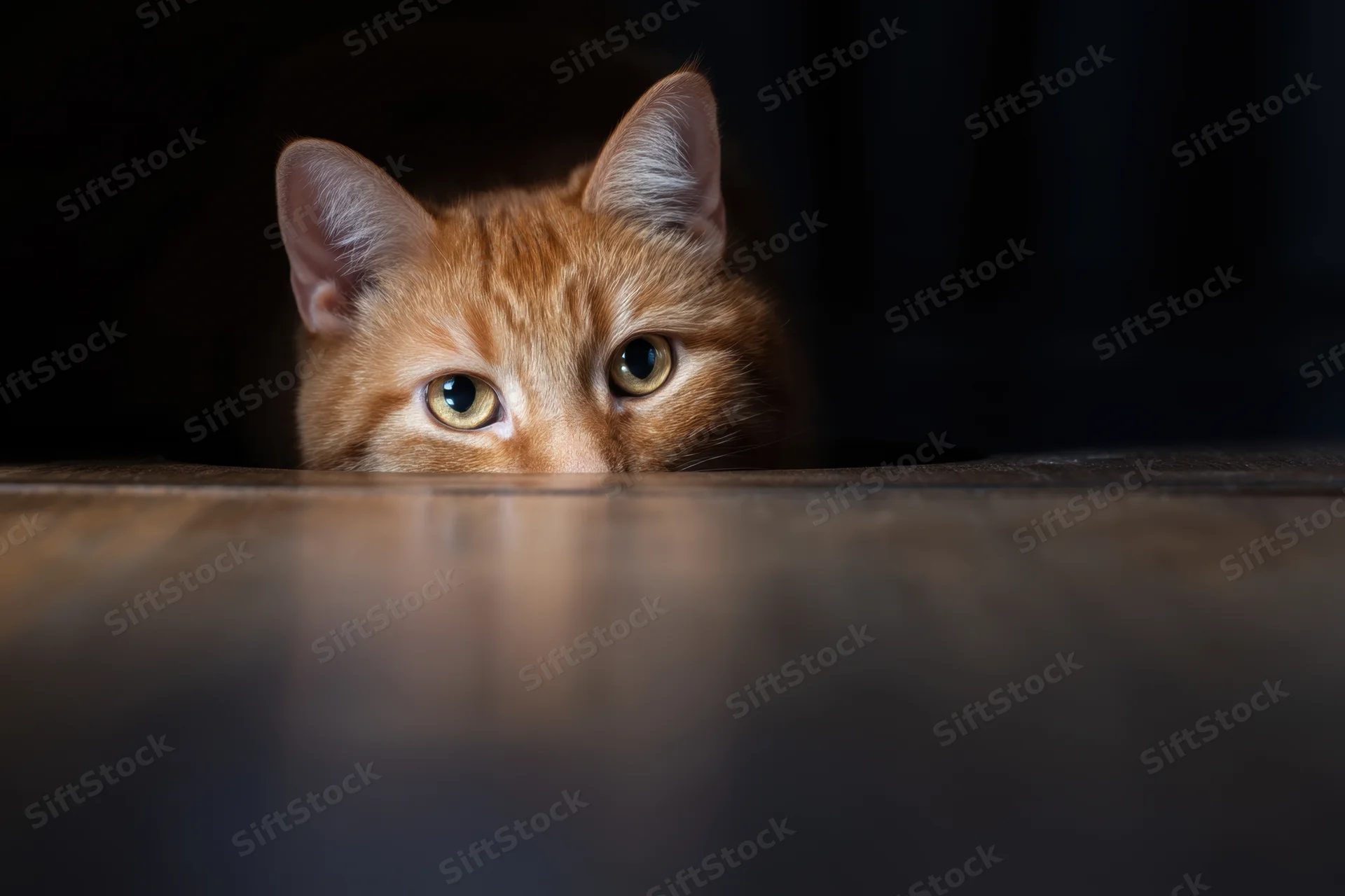 Orange cat peeking through a dark hole in wooden surface indoors