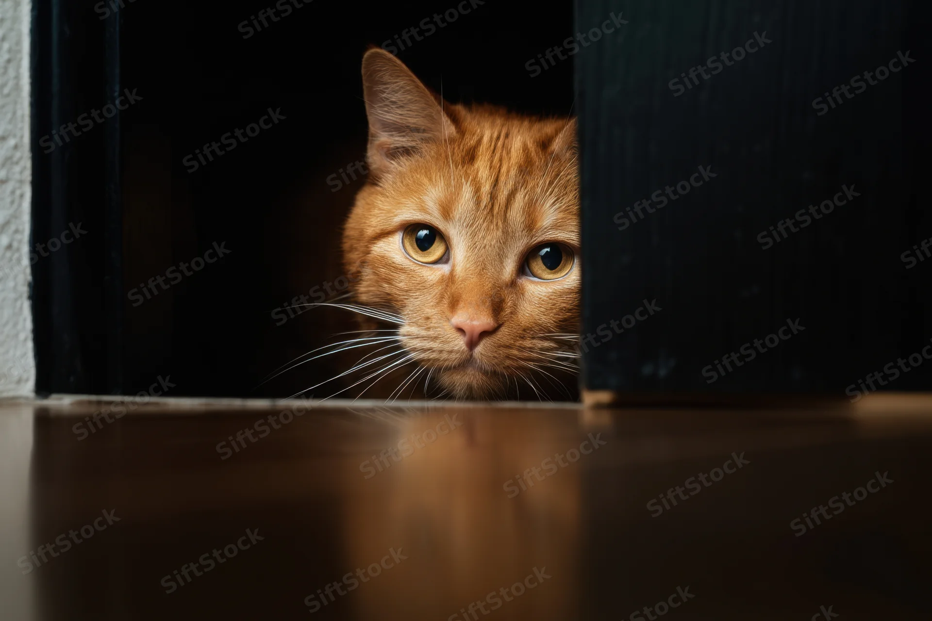 Orange cat peeking through a dark hole in a door indoors