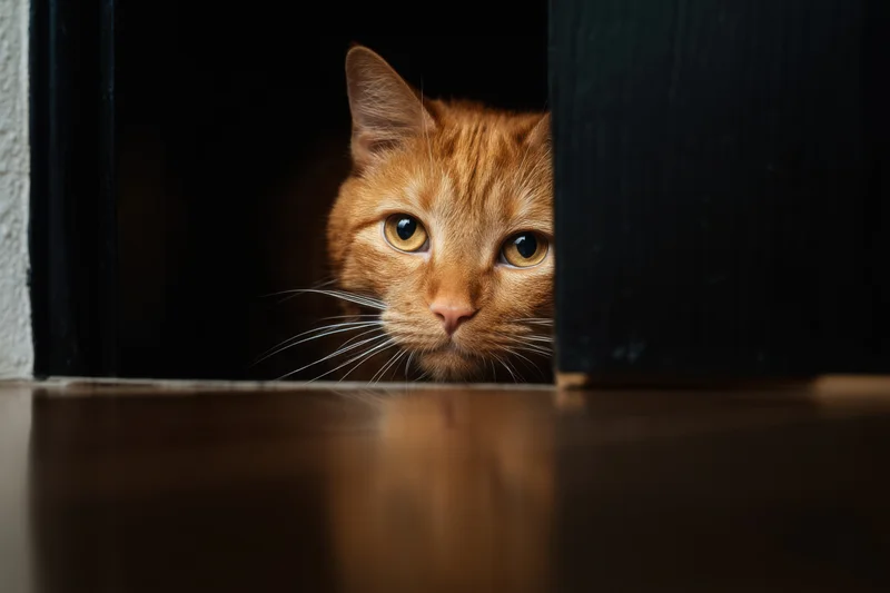 Orange cat peeking through a dark hole in a door indoors