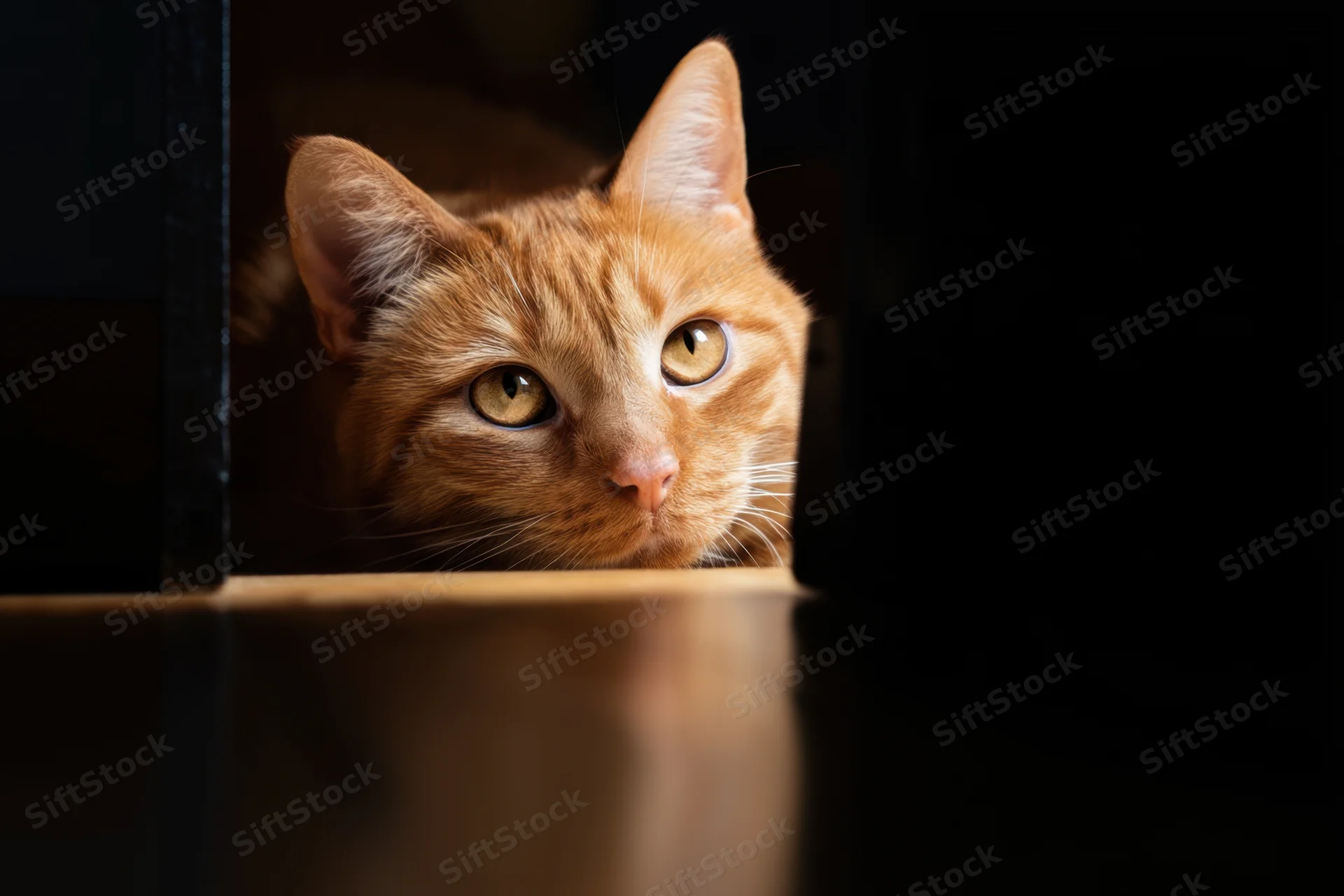 Orange tabby cat peeking through a dark narrow opening indoors