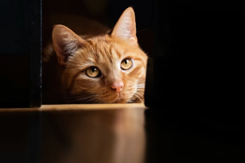 Orange tabby cat peeking through a dark narrow opening indoors