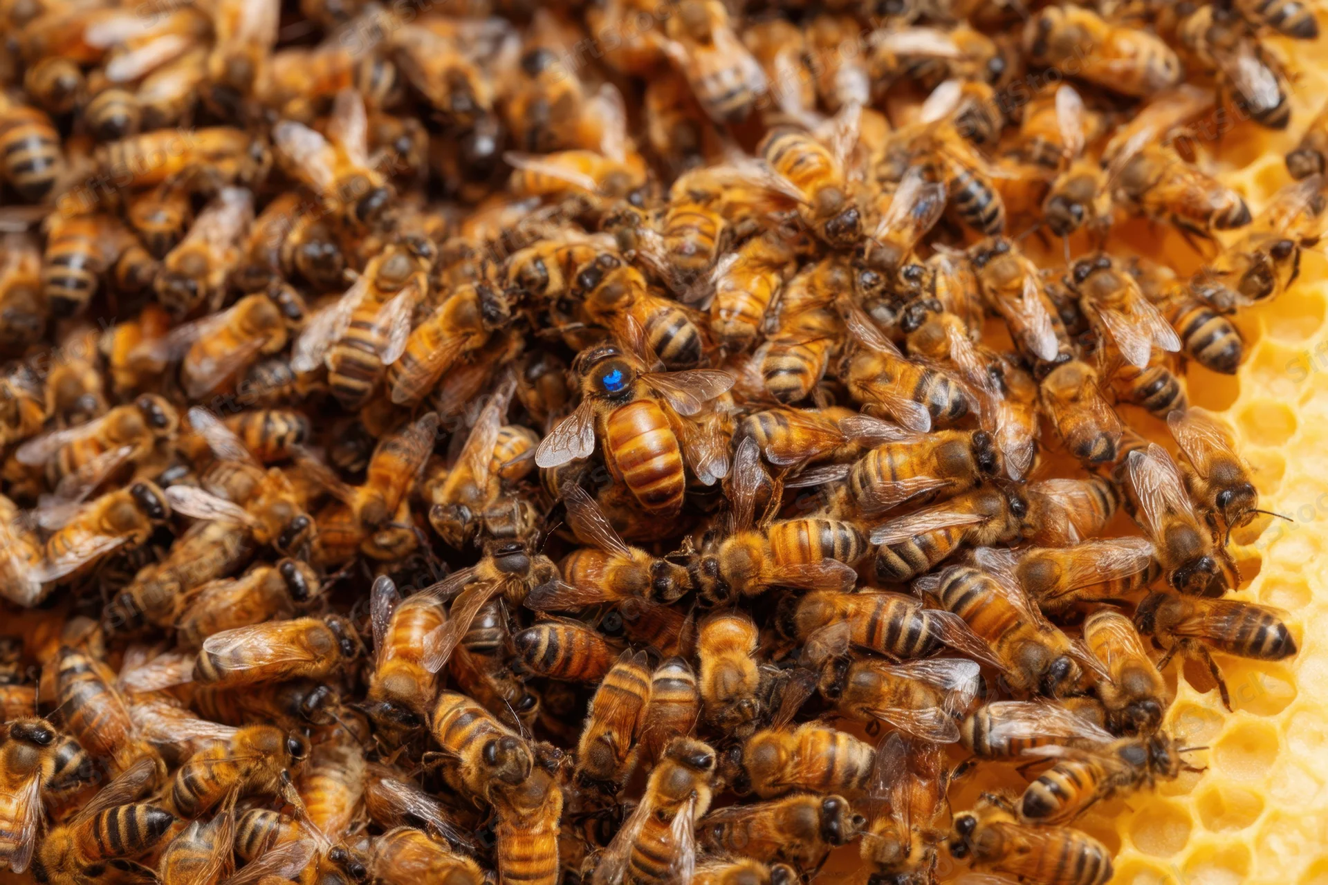 Dense cluster of honey bees crawling on honeycomb with marked queen bee at center
