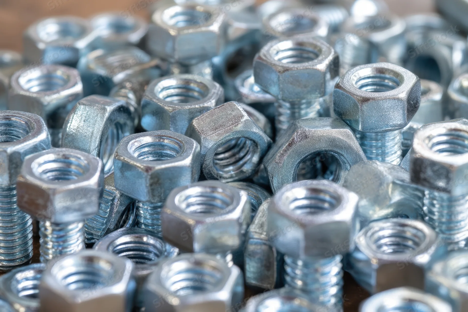 Dense collection of metallic bolts and nuts arranged closely together on a surface