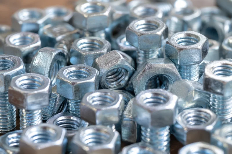 Dense collection of metallic bolts and nuts arranged closely together on a surface