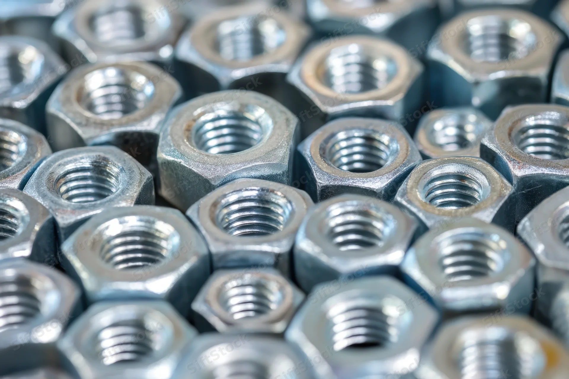 Dense arrangement of metallic hex nuts and bolts in close-up view