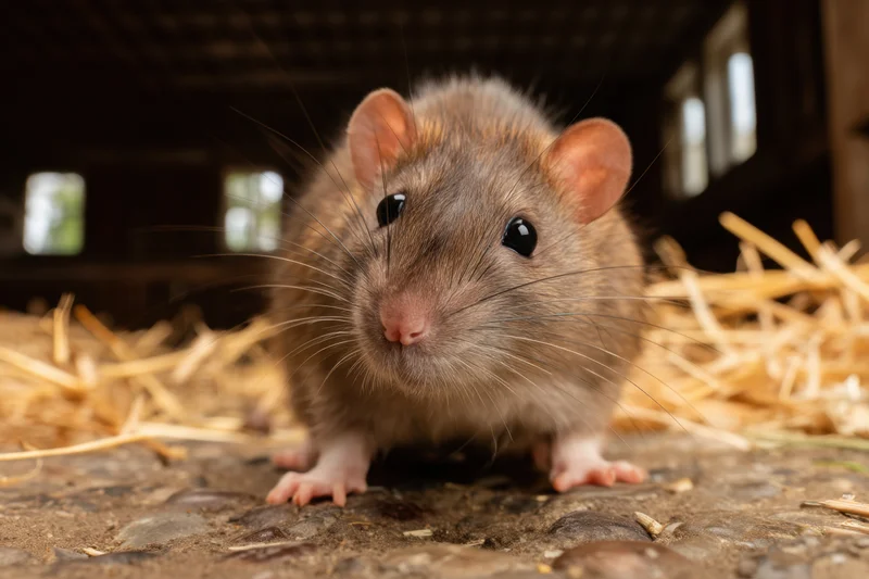 Brown rat with soft fur and black eyes standing on stone floor surrounded by hay in barn shelter