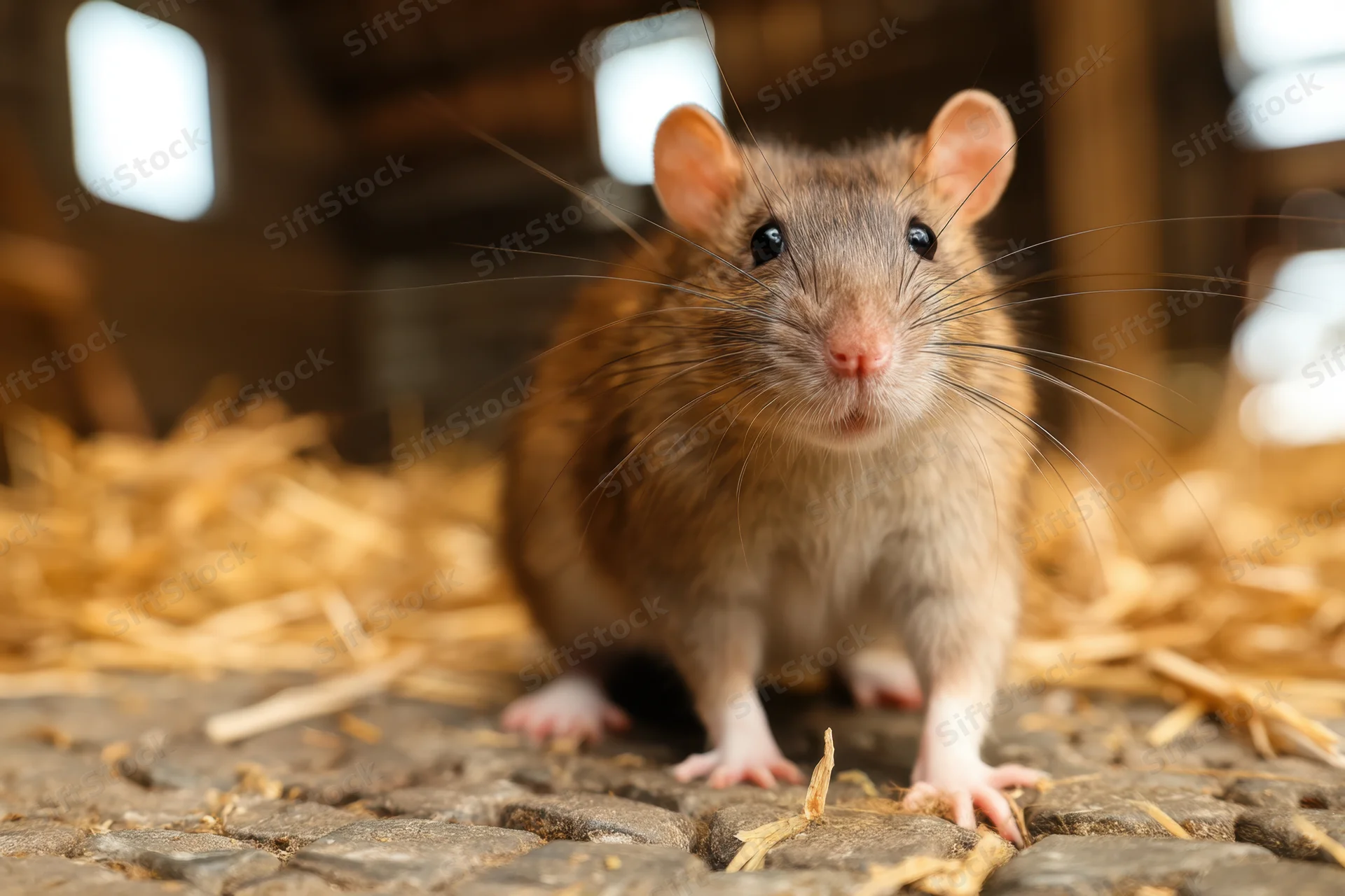 Brown rat standing on cobblestone floor surrounded by hay in a barn setting