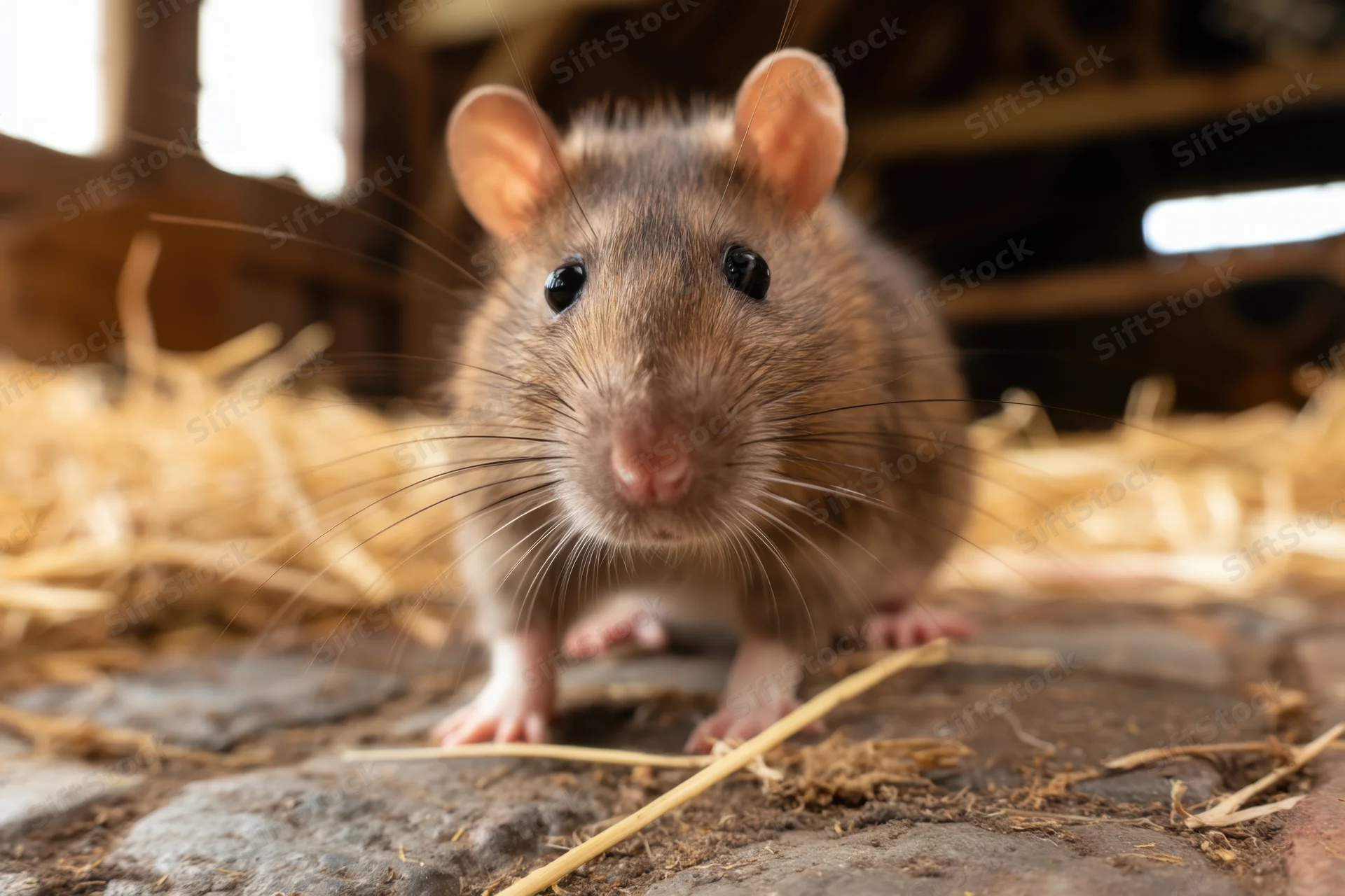 Brown rat with soft fur and black eyes standing on stone floor among straw in barn setting