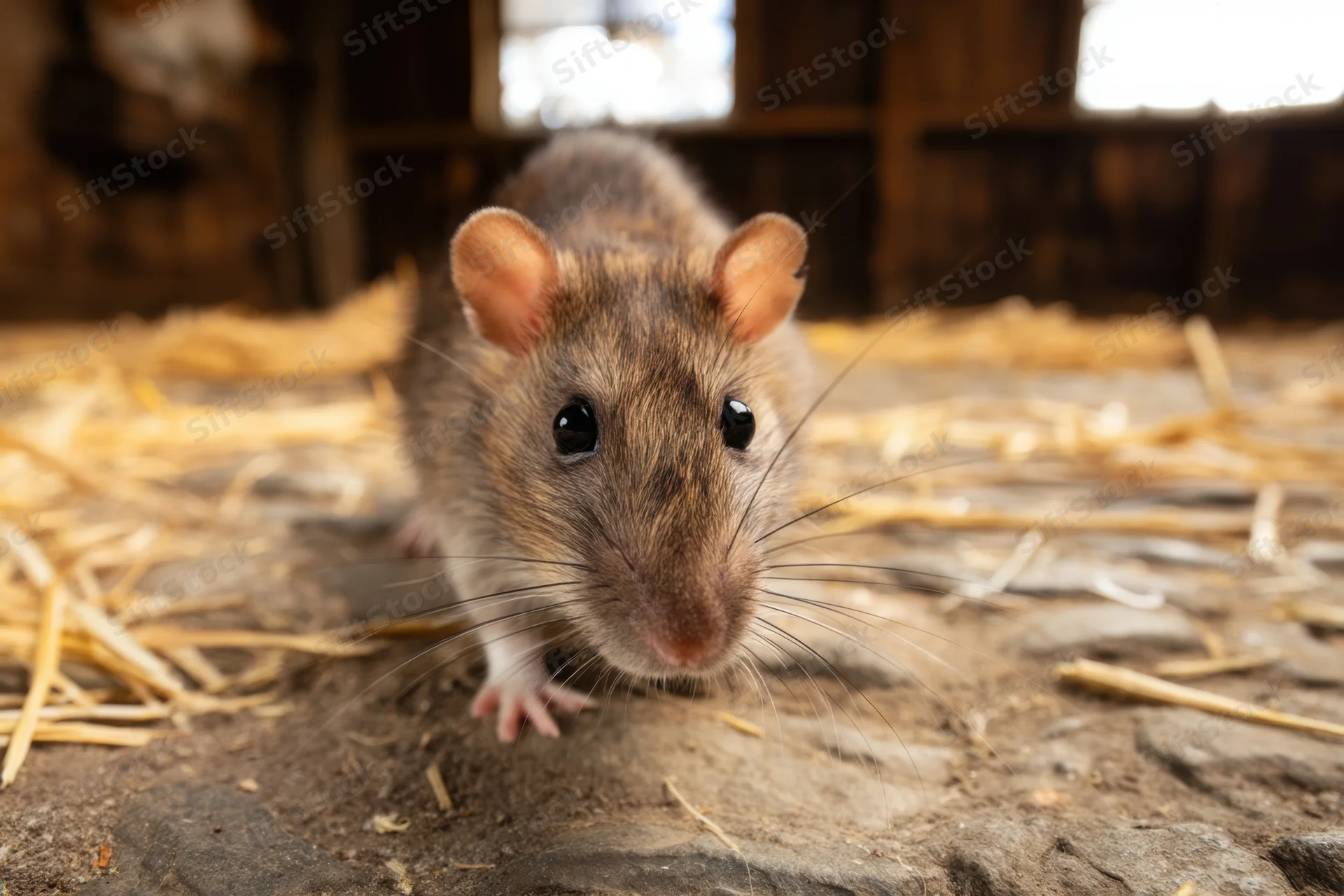 Brown rat with soft fur and black eyes standing on dirt floor among straw in rustic barn setting