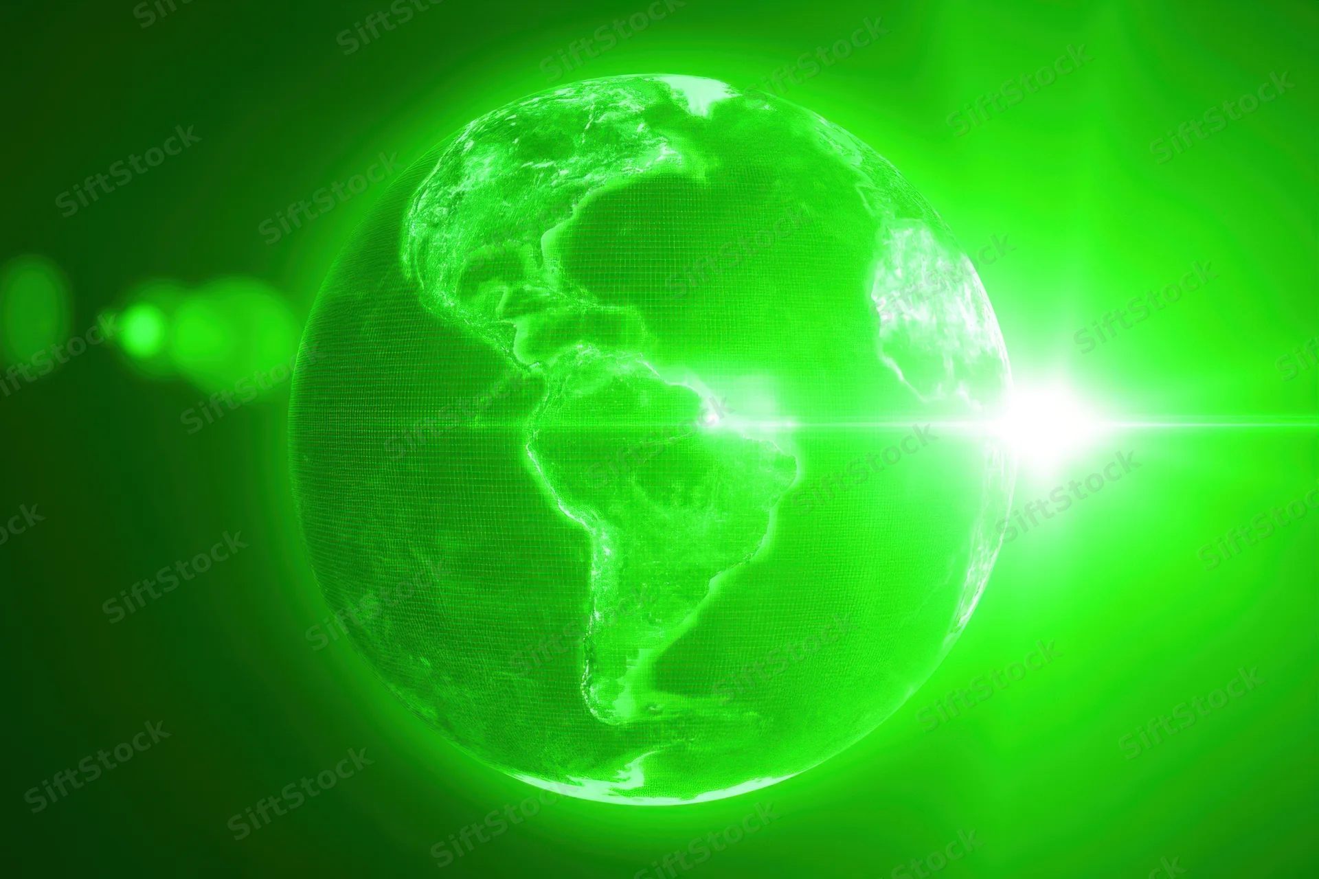 Digital representation of earth with green glow and radar grid pattern