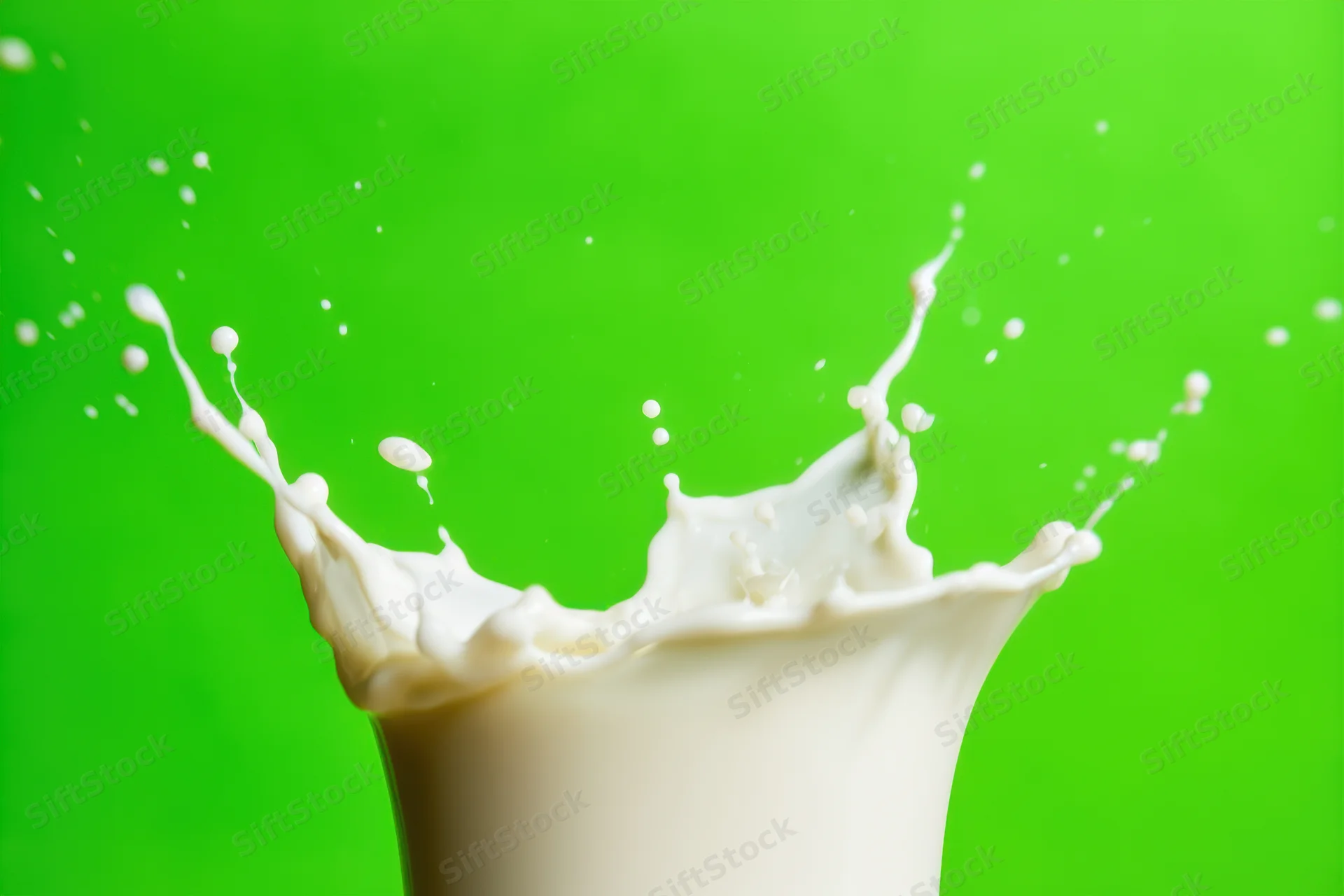 Dynamic splash of milk with droplets suspended in mid-air against green background