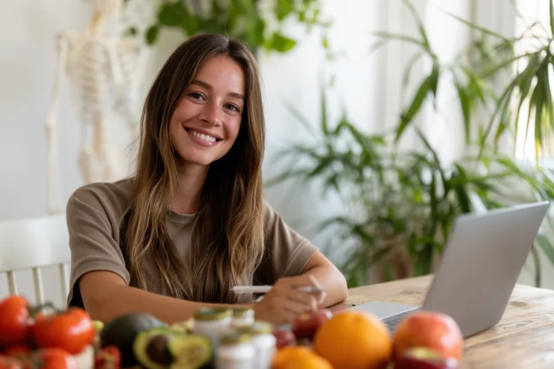 Smiling woman nutritionist sitting at wooden table with laptop and fresh produce around her