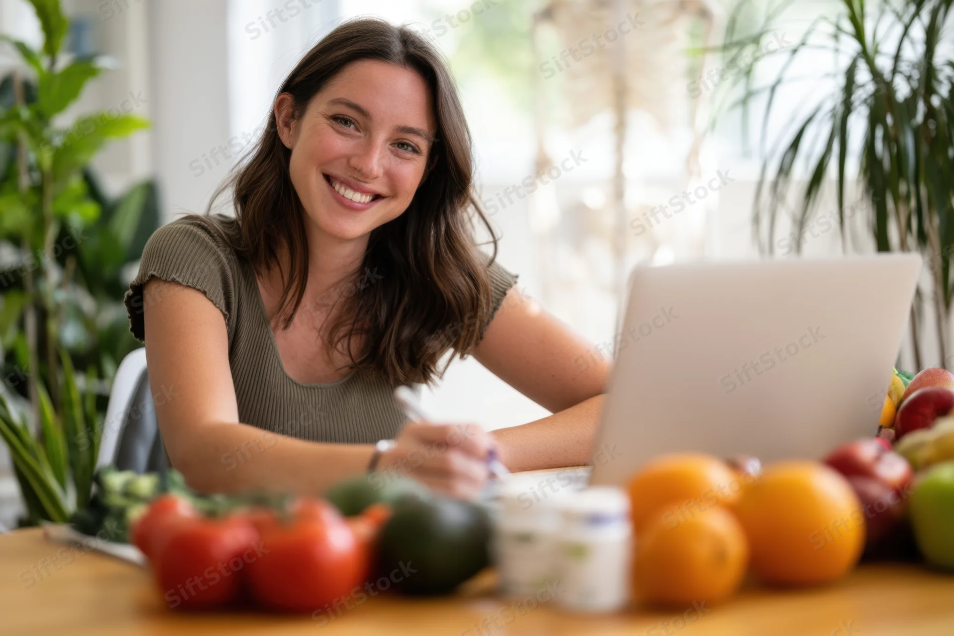 Female nutritionist smiling at camera while writing at wooden desk with laptop and fresh produce around her