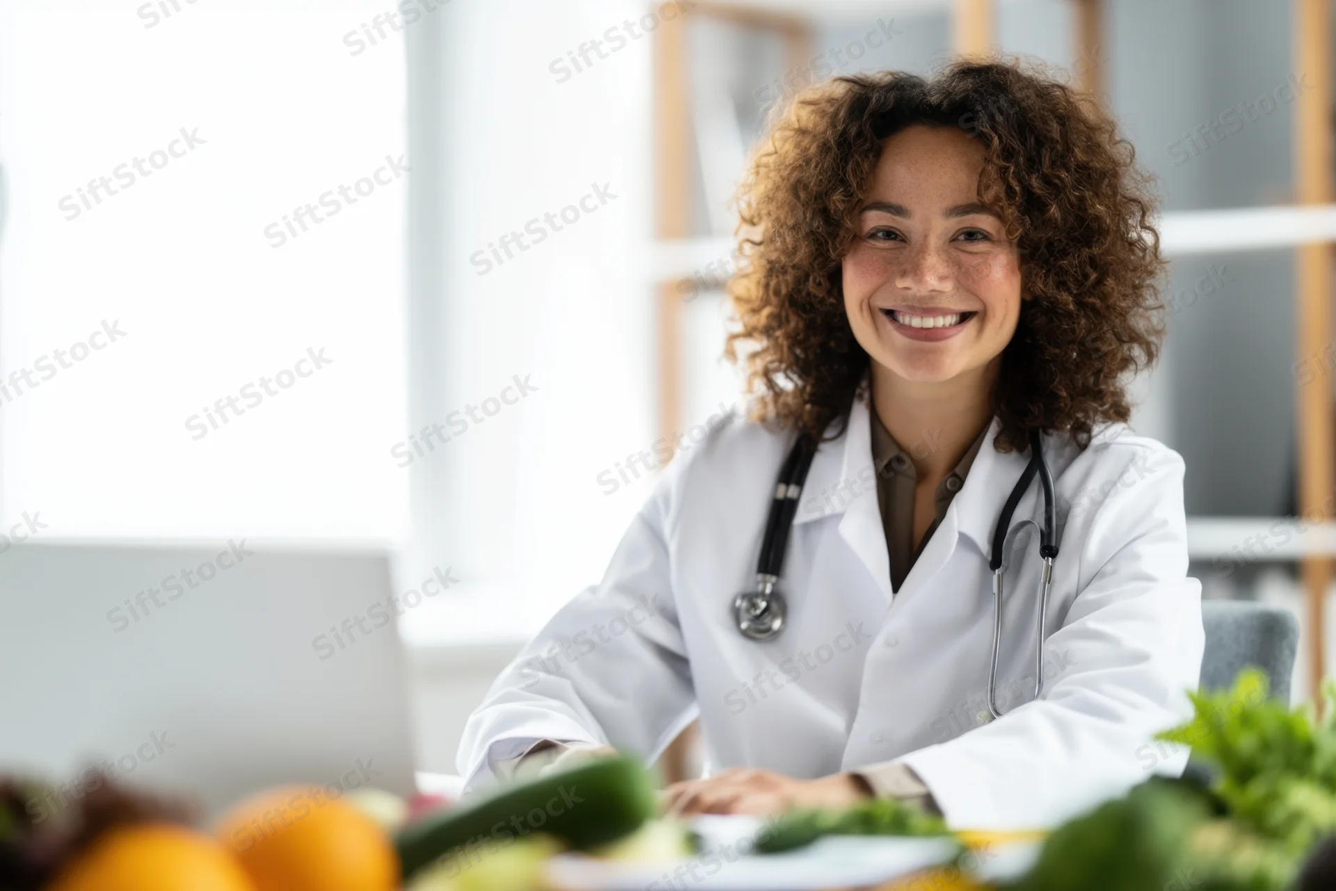 Smiling female nutritionist in white lab coat with stethoscope at desk surrounded by fresh vegetables and fruit in office setting