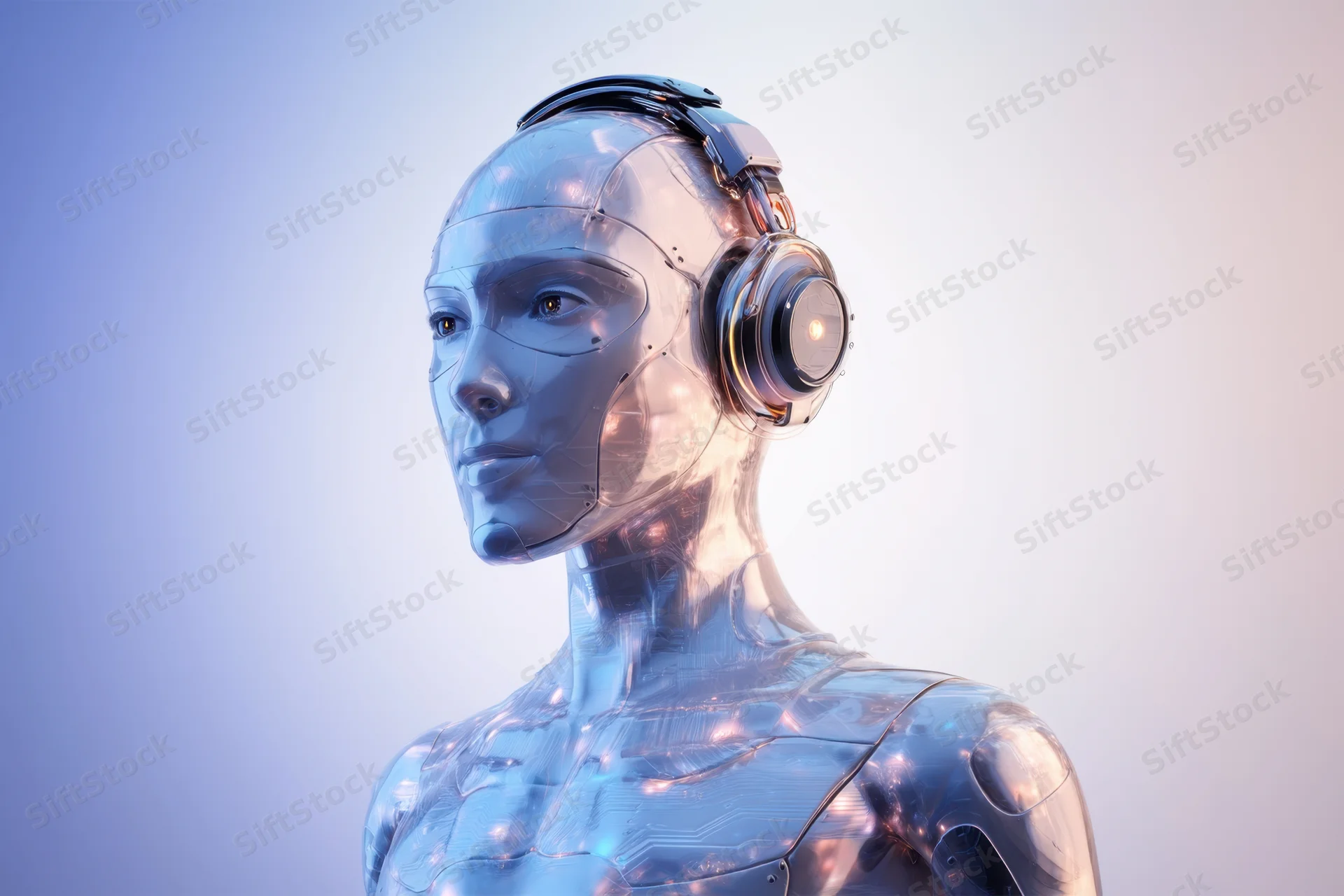 Female robot with metallic body and headphones in profile view against gradient background
