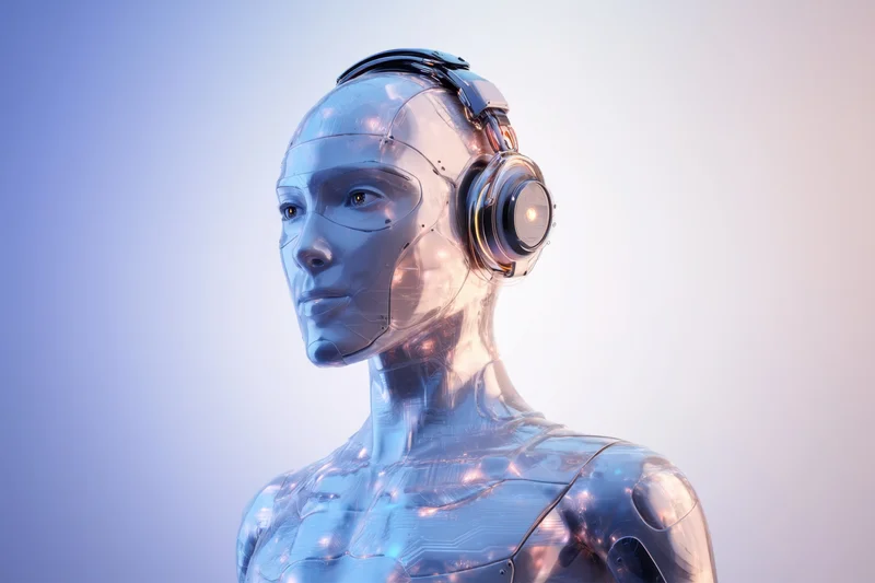 Female robot with metallic body and headphones in profile view against gradient background