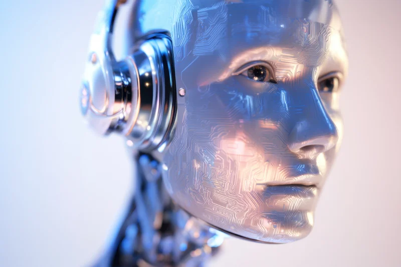 Humanoid robot with circuitry face wearing headphones in profile view