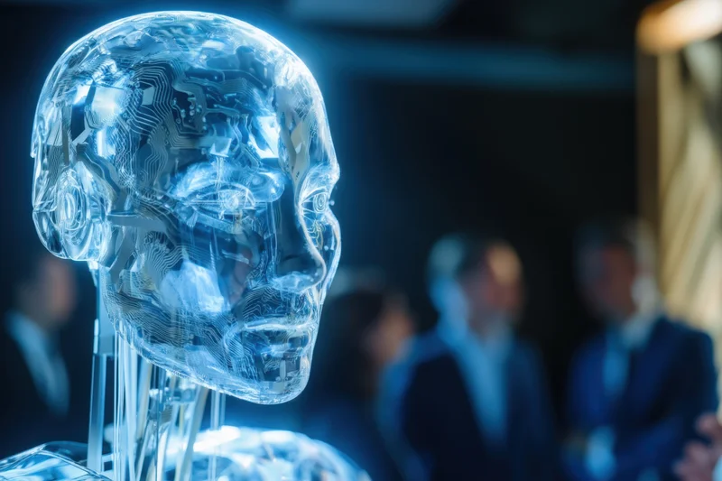 Translucent glowing robot head with visible circuitry displayed in front of blurred audience at a tech conference