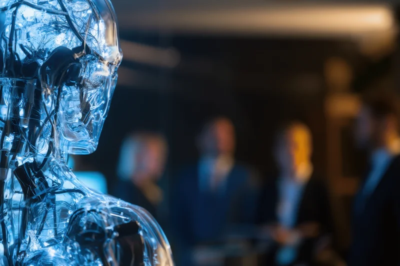 Translucent glowing robot with visible circuitry and wires shown in profile with blurred audience in background