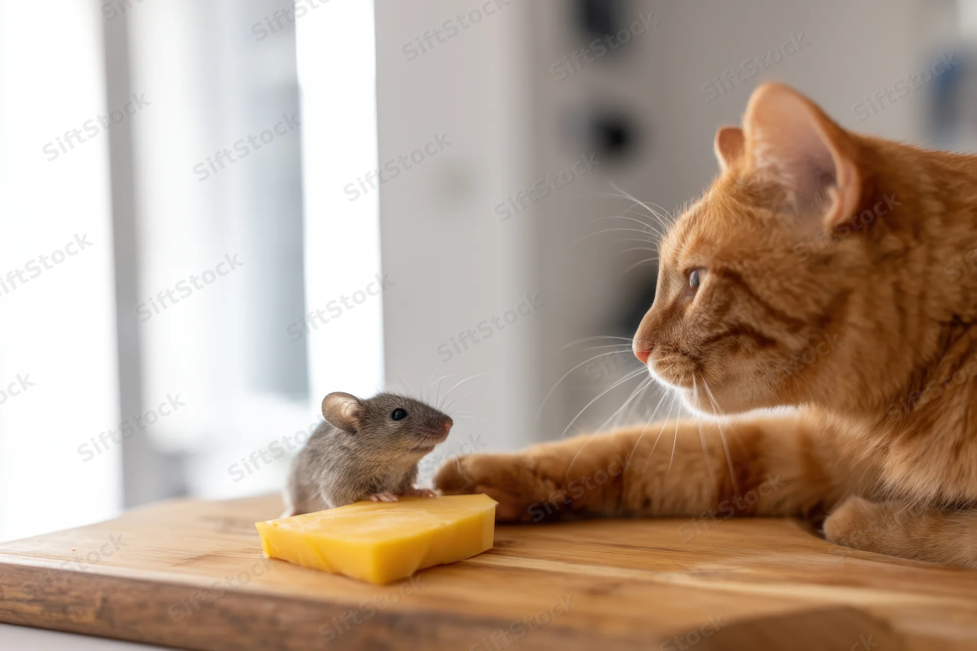 Ginger cat reaching paw toward curious mouse on wooden table with cheese block