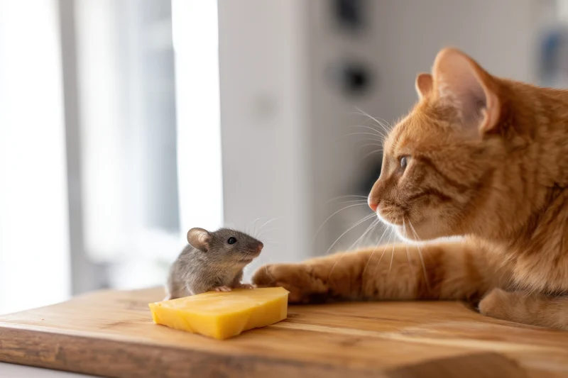 Ginger cat reaching paw toward curious mouse on wooden table with cheese block