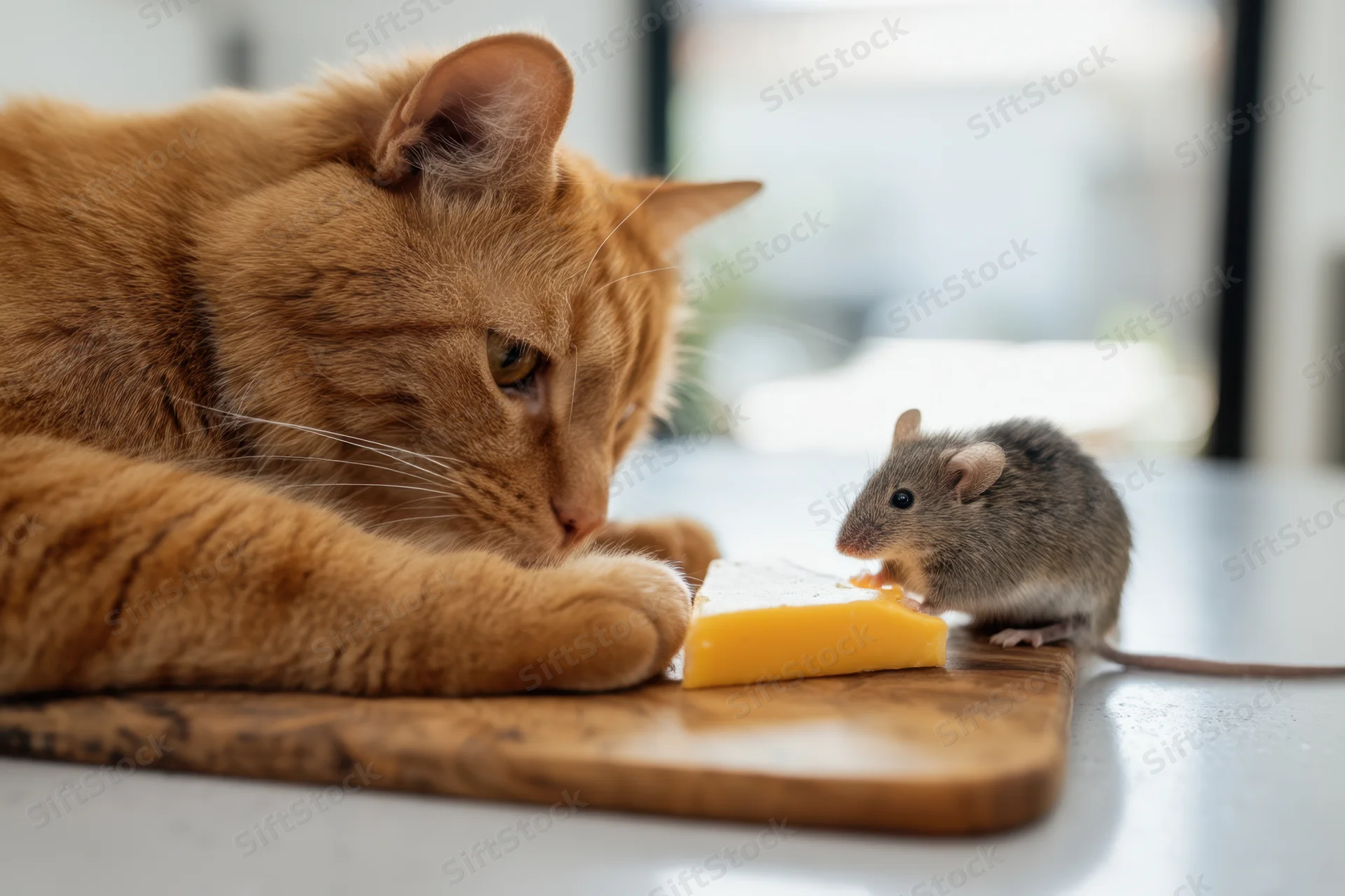 Ginger cat observing mouse nibbling cheese on wooden cutting board in kitchen