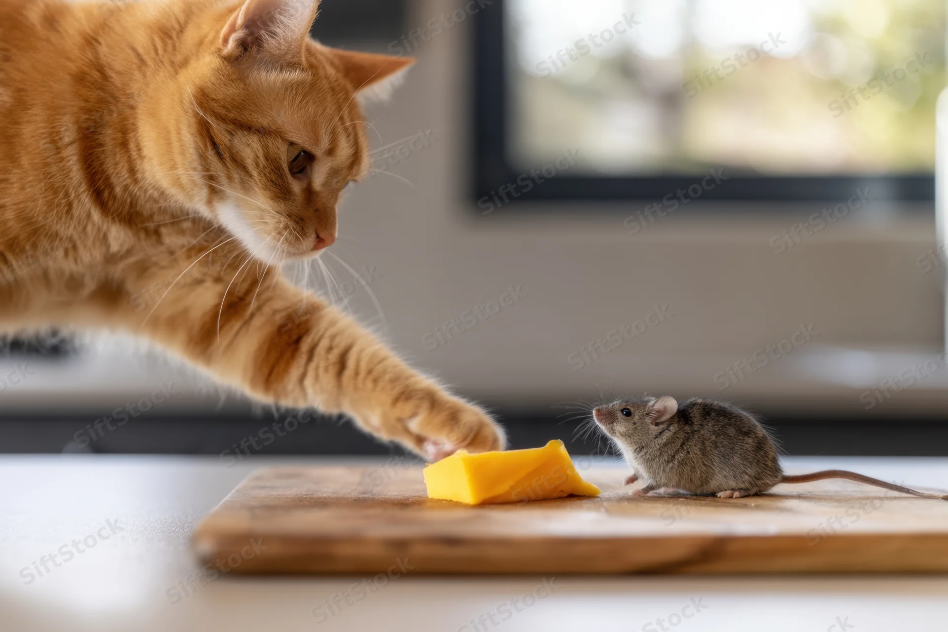 Ginger cat reaching paw toward mouse near cheese on wooden cutting board in kitchen
