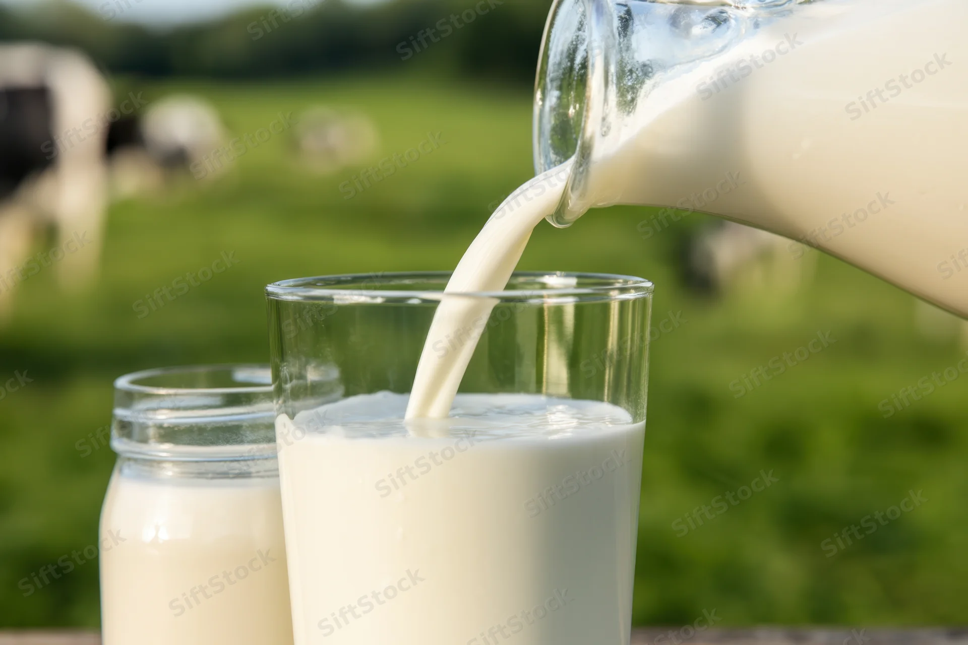 Milk being poured from a glass bottle into a glass on a table with cows in a green pasture behind