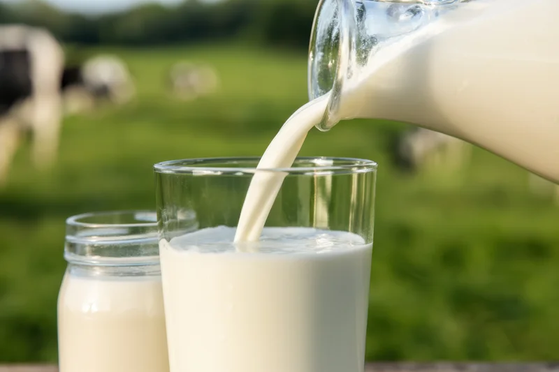 Milk being poured from a glass bottle into a glass on a table with cows in a green pasture behind