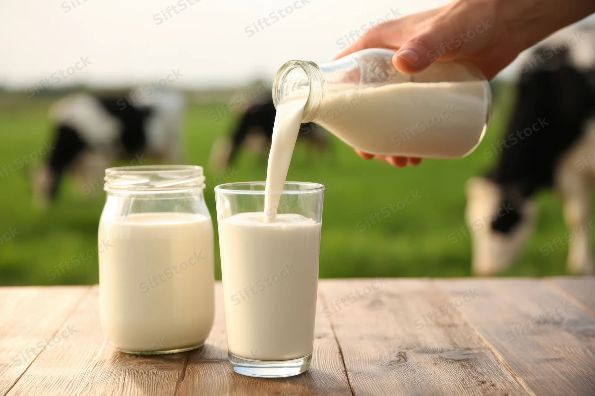 Milk being poured from a glass bottle into a glass on a wooden table with cows grazing in a green pasture behind