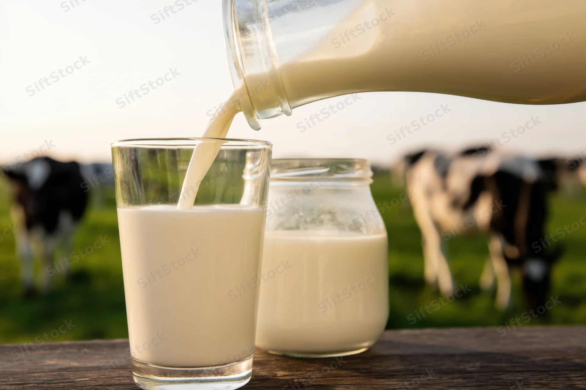 Milk being poured from a glass bottle into a glass on a wooden table with cows in a pasture behind