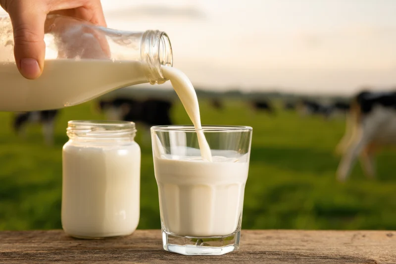 Milk being poured from a glass bottle into a glass on a wooden table in front of a pasture with cows