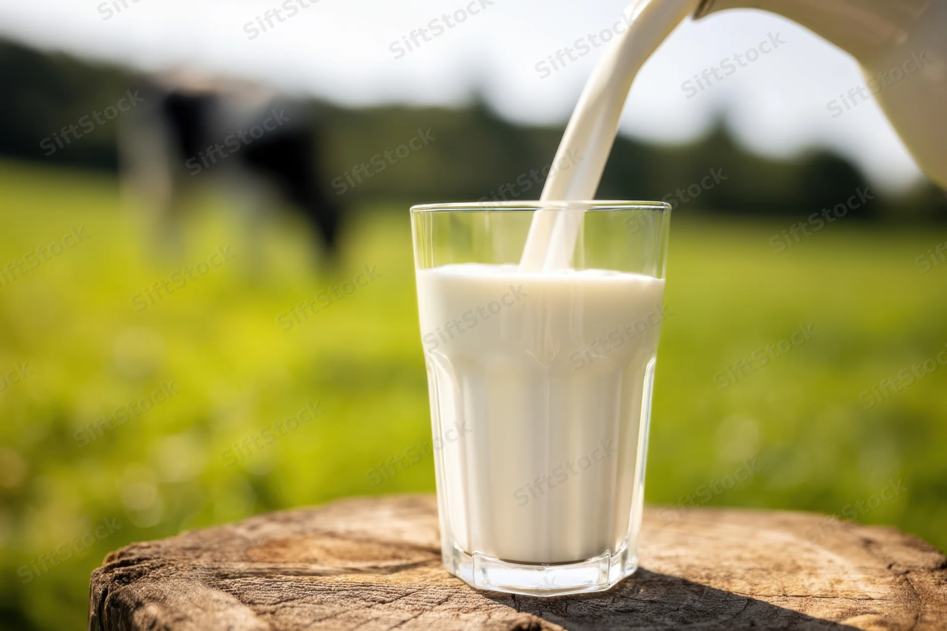 Milk being poured into a glass on a tree stump in a green pasture with a cow in the background