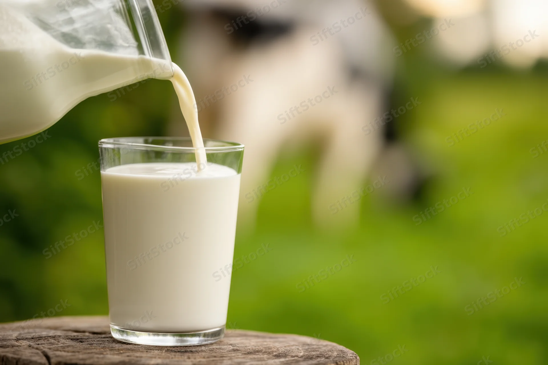 Milk being poured into a glass on a wooden table with a cow in a green pasture behind