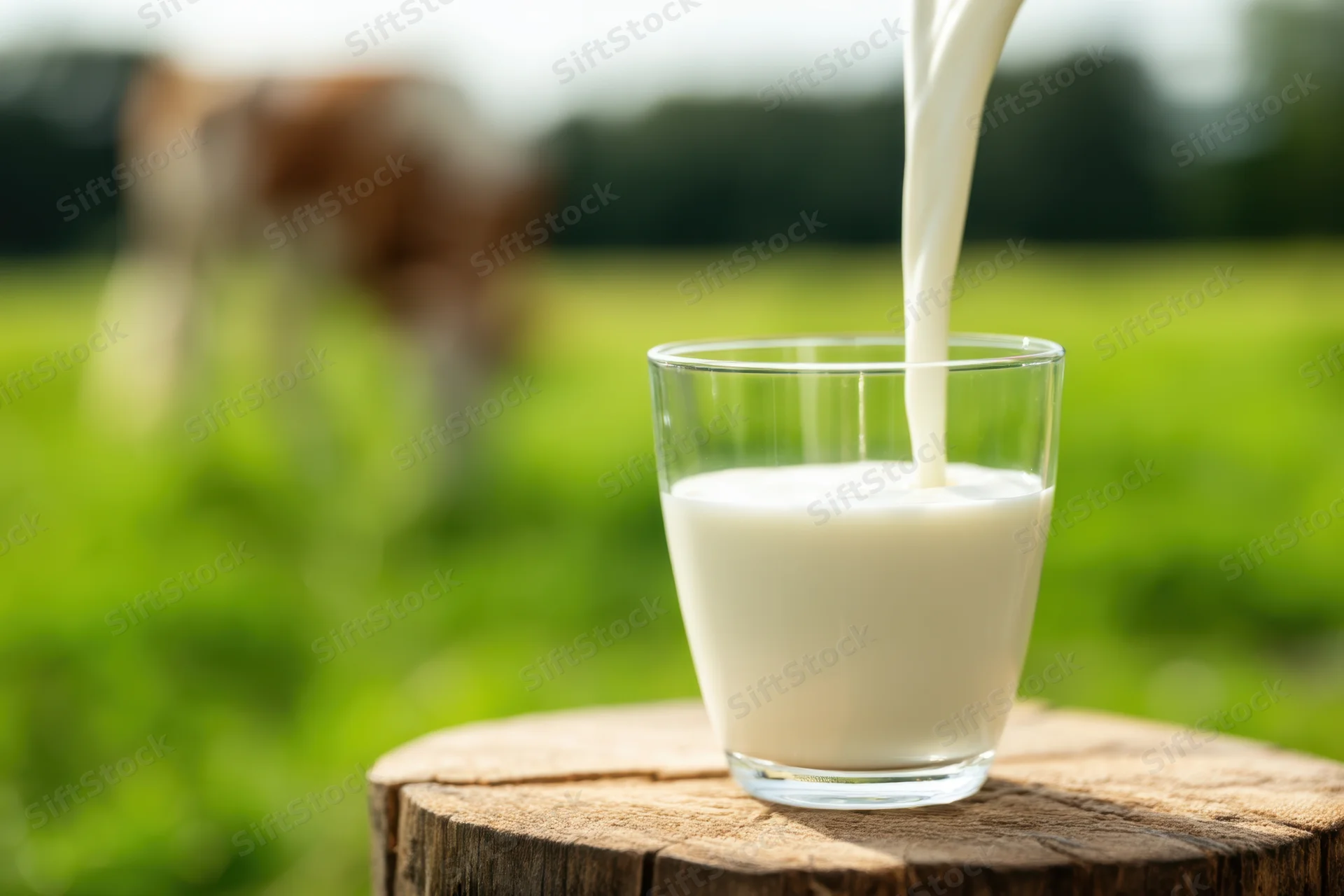 Milk being poured into a glass on a wooden stump in a green pasture with a cow in the background