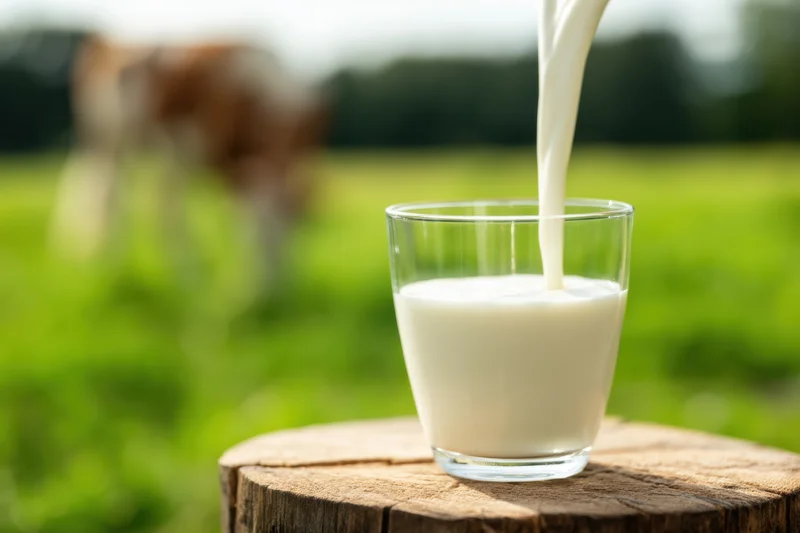 Milk being poured into a glass on a wooden stump in a green pasture with a cow in the background